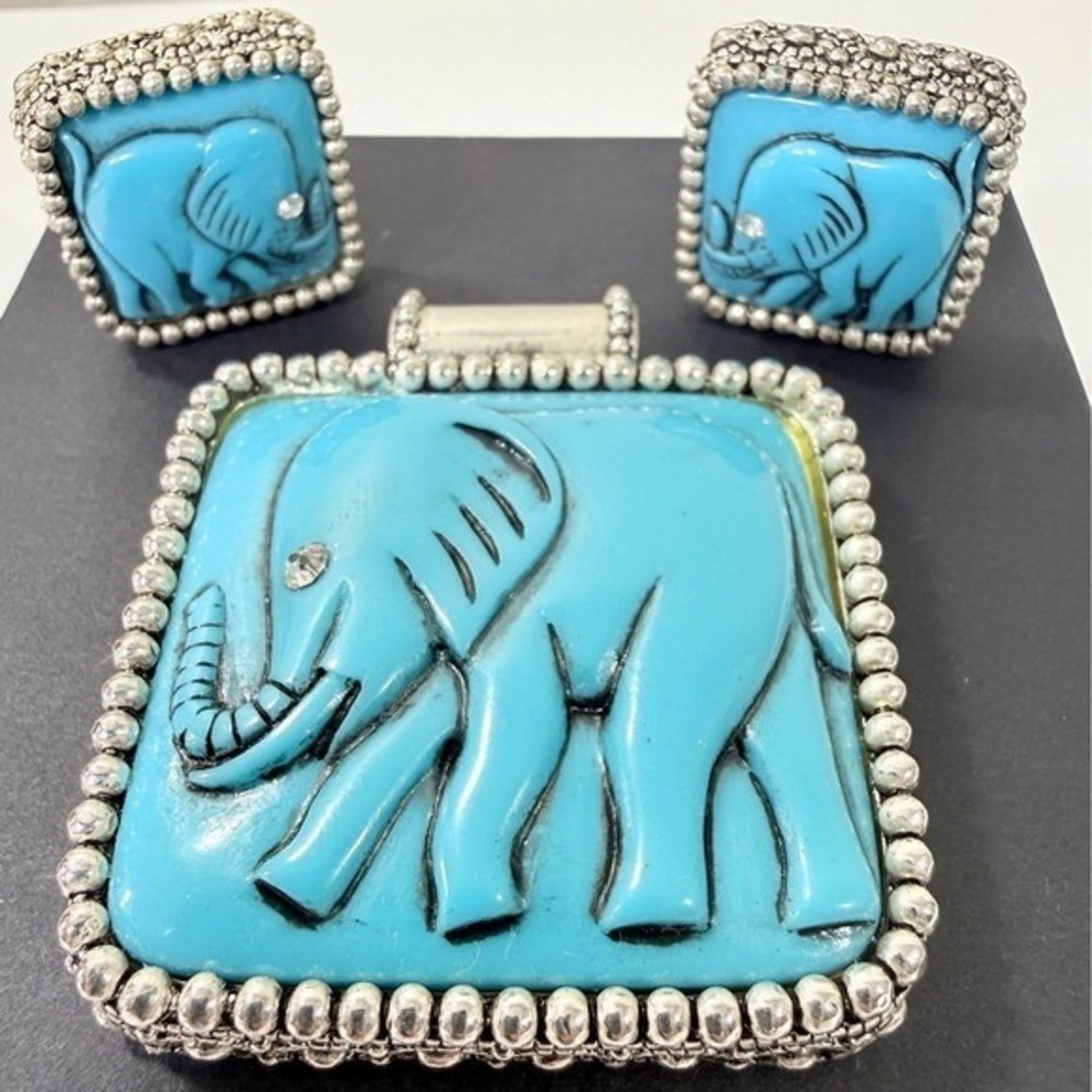 Elephant Clip On Earrings And Pendant Set Turquoise Blue Silvertone Jewelry